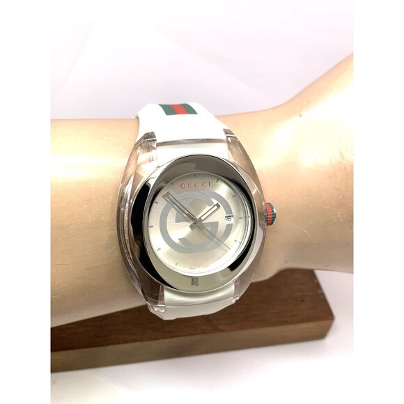 GUCCI Men's Watch SYNC YA137102 Swiss Quartz Clear Case White Rubber Band 46mm - Picture 11 of 14